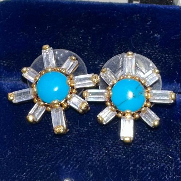 925 sterling silver gold plated clear cubic zirconia baguette turquoise earrings - Picture 5 of 8